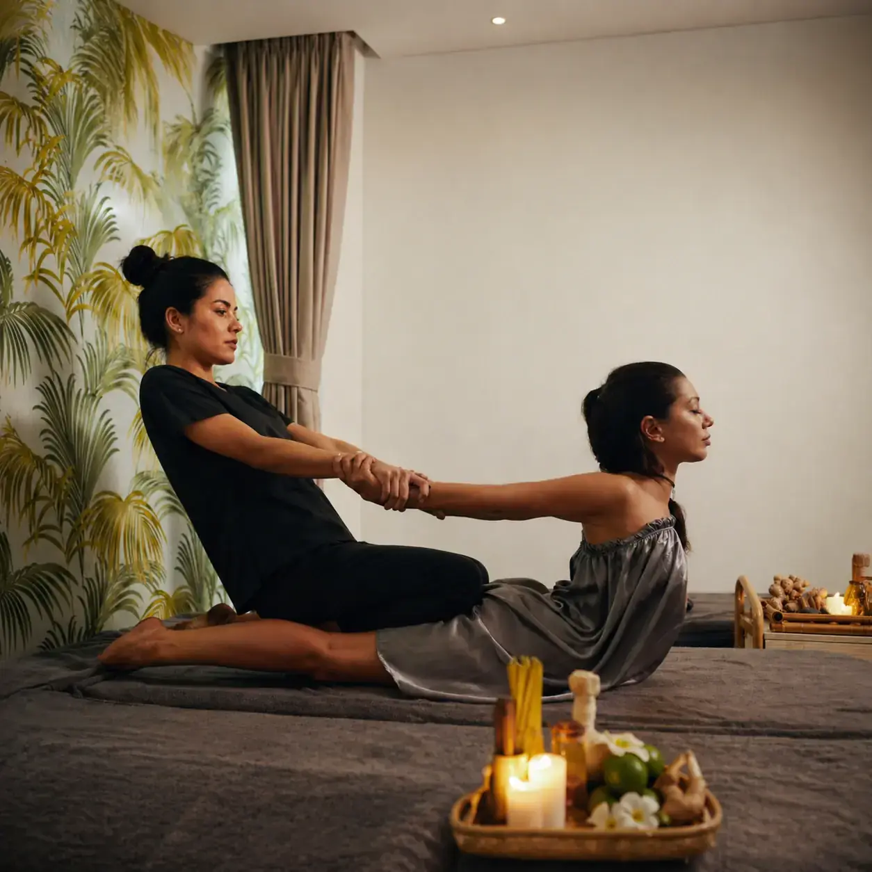 Thai massage futon mat with crisp white linen in a calm minimal room